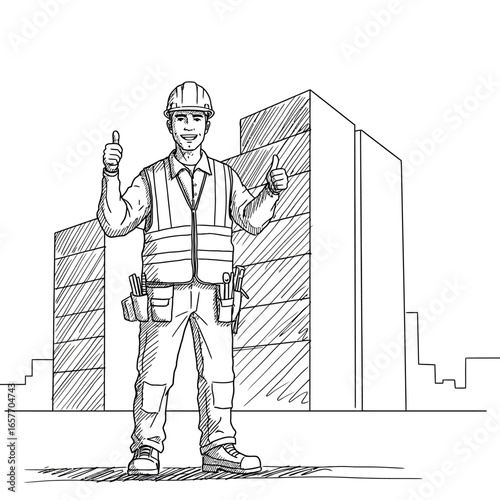 A confident construction worker in a hard hat and safety vest gives a double thumbs-up gesture in front of modern city buildings, depicted in a hand-drawn sketch style.