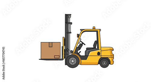 Illustrative yellow forklift truck carrying a package for industrial operations and warehouse handling, providing efficient logistics and moving