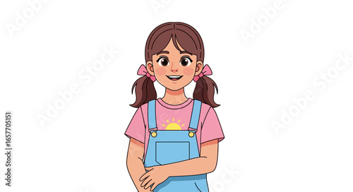 Animated brunette girl with pigtails and a cheerful smile, wearing pink shirt and blue overalls representing youth and innocence in cartoon form