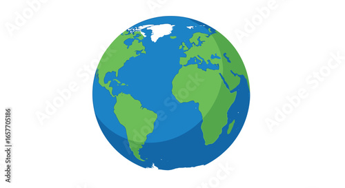 Simplified planet earth representation on white backdrop showing continents and oceans depiction, view of Earth globe with Atlantic ocean view