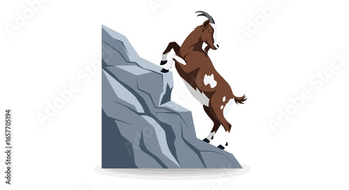 Illustration of a surefooted goat climbing a rocky cliff face, emphasizing its agility and determination on a steep incline, isolated on white