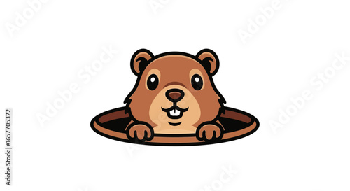 Adorable Cartoon Groundhog Peeking from Burrow with Expressive Eyes and Cheerful Smile Depicted in a Minimalist Style