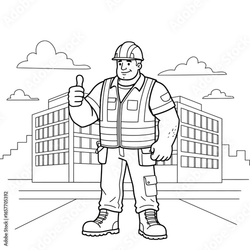 A confident construction worker in a hard hat and safety vest gives a positive thumbs-up gesture, standing before a building outline, perfect for coloring.