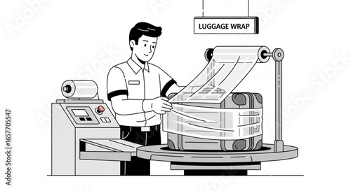Airport employee wrapping a suitcase with plastic film using a machine.