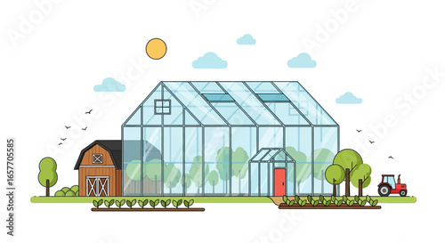 Agricultural illustration showcasing a pristine greenhouse, barn, sun, tractor, and orderly rows of crops, symbolizing agricultural abundance and