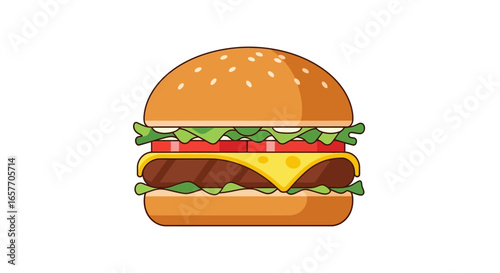 Delightful cartoon illustration of a scrumptious hamburger featuring fresh ingredients against a clean white backdrop, perfect for food-related