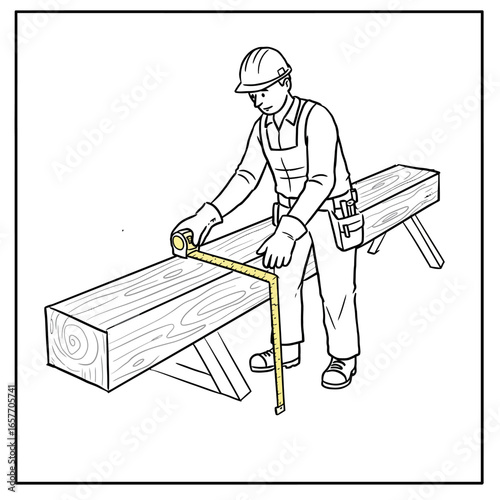 A detailed illustration shows a diligent construction worker in protective gear accurately measuring a substantial timber beam with a yellow tape measure.