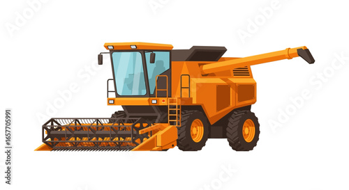 Illustration of a modern and powerful combine harvester, agricultural machinery on a white background highlighting its design and functionality