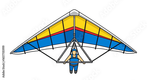 Illustration of a hang glider pilot soaring through the skies embracing the freedom of flight in colorful triangular wings creating an exciting