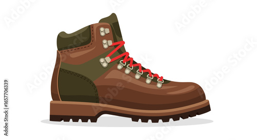 Vector illustration showcasing a sturdy brown hiking boot with red laces, suitable for outdoor adventures and trekking expeditions emphasizing its