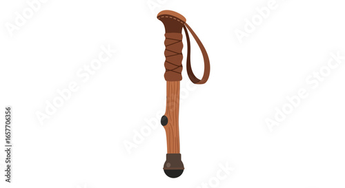 Vintage wooden walking stick with leather grip and wrist strap, rustic design evoking adventure and exploration for outdoor activities and nature