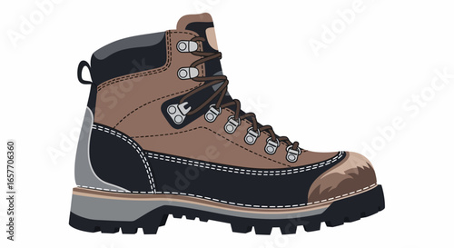 Illustrative rendering of a classic hiking boot with black and brown tones ready for adventure and rugged explorations in the wilderness or mountain
