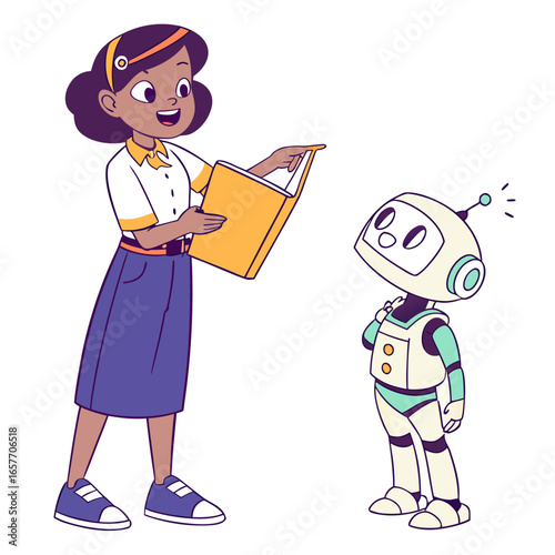 Animated teacher pointing at open book with robot student