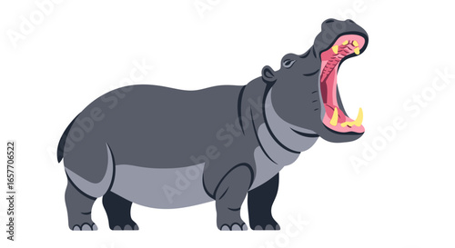 Stylized hippopotamus with open mouth illustration displaying large teeth and muscular build on a plain background