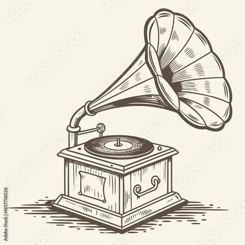 Antique gramophone with horn and record vintage record player
