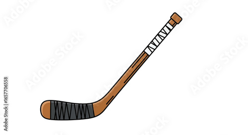 Stylized hockey stick illustration showcasing wrapped tape and wood grain on a plain background offering design versatility