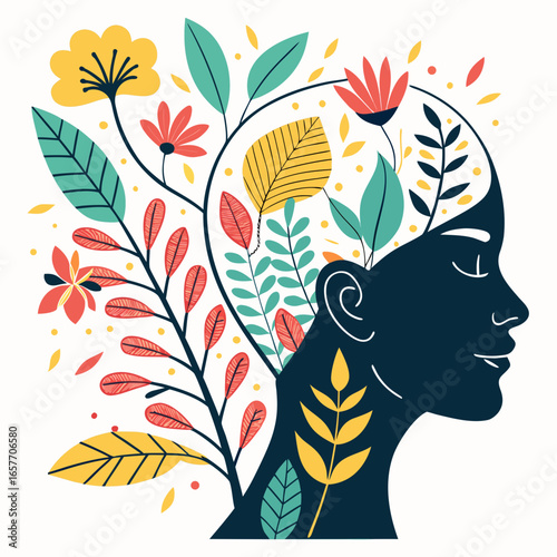Blooming mind with floral elements head profile