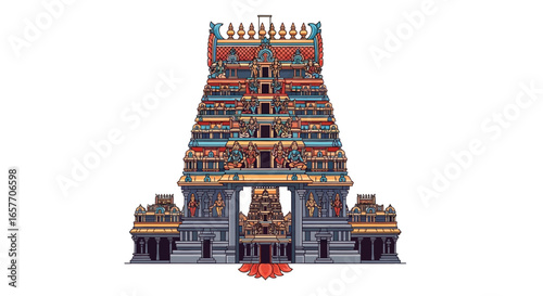 Intricate illustration of a vibrantly decorated Hindu temple, showcasing its distinctive tiered tower architecture and religious detail elements