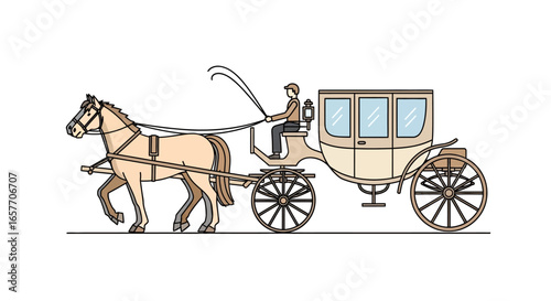 Classic horse-drawn carriage illustration with a driver wearing a hat suitable for historic era representation design style simple and attractive