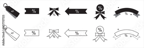 Discount and sale percentage icons set. Collection of black icons featuring percentage signs in tickets, speech bubbles, stars, and shopping symbols representing discounts and promotions.
