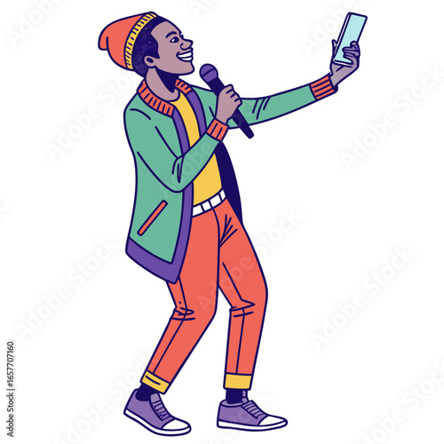 Cheerful man with microphone and phone presenter speaking