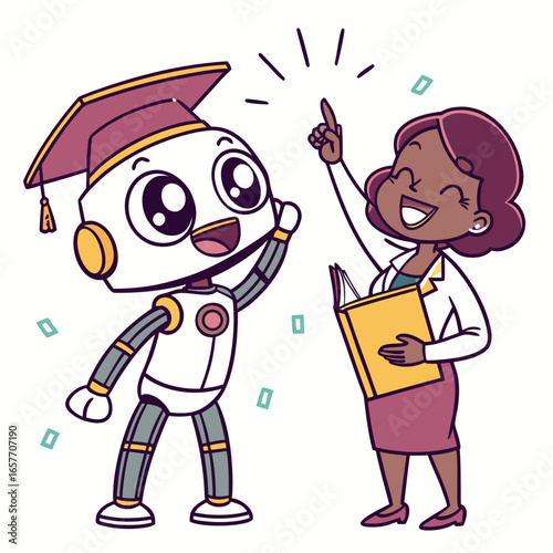 Cheerful robot and teacher with book graduation hat