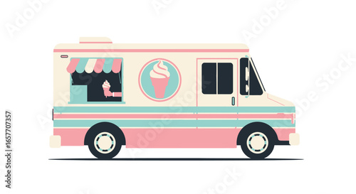 Delightful Ice Cream Truck Illustration with Retro Pastel Colors and Charming Design, Perfect for Summer Promotions and Sweet Treat Advertisements