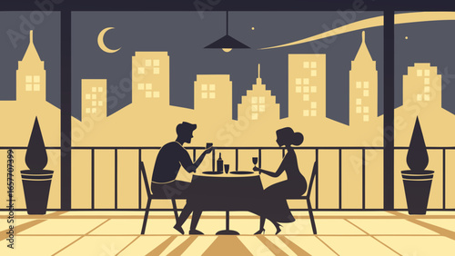 Couple enjoying a romantic dinner in silhouette with a city skyline backdrop.