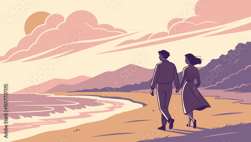 A couple walks hand in hand along the beach at sunset, enveloped in soft pastel hues, creating a romantic atmosphere.