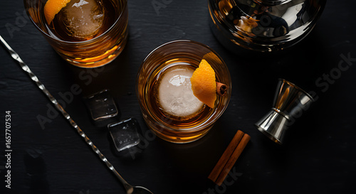 Overhead shot of old fashioned cocktails with ice and orange peel garnish