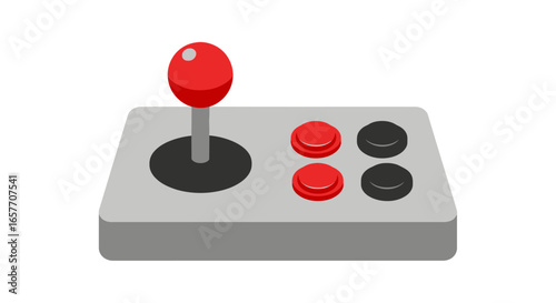 Simplified retro gaming vector graphic featuring a classic arcade joystick and push button control scheme in red and black color accents