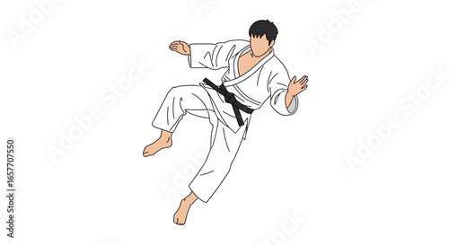 Dynamic illustration of a martial artist executing a mid-air kick with focused intensity and refined technique within a minimalist design style