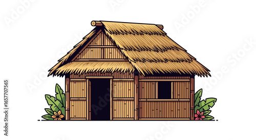 Charming thatch roofed hut crafted from bamboo, adorned with tropical foliage showcasing island architecture and cultural heritage for an idyllic