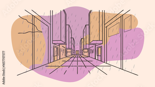 An abstract illustration of a rainy street scene, featuring sleek buildings and a soothing color palette.