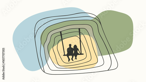 A silhouette of a couple on a swing, surrounded by colorful abstract shapes, symbolizing love and connection.