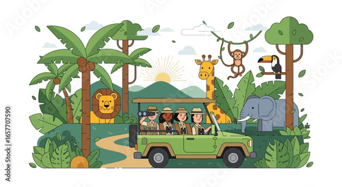 Whimsical Cartoon Safari Adventure with Tourists Exploring Diverse Wildlife Habitat in Vibrant Flat Design Style