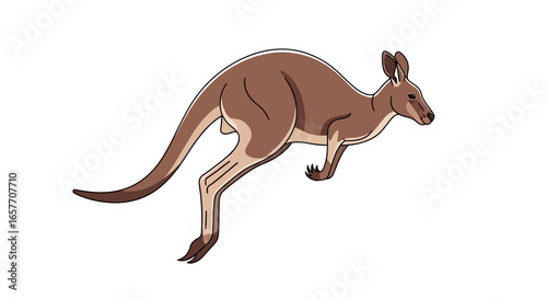Captivating illustration of an agile kangaroo gracefully mid-leap, showcasing its powerful physique and unique gait against a clean white backdrop