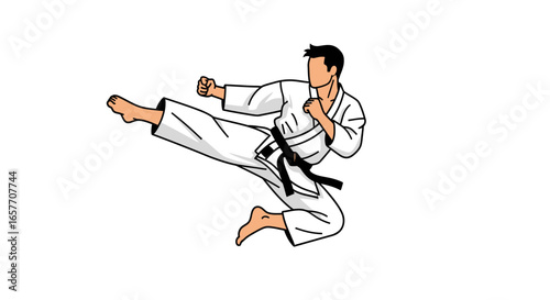 Dynamic karate expert executing a precise flying kick, showcasing martial arts power and discipline in motion during competition