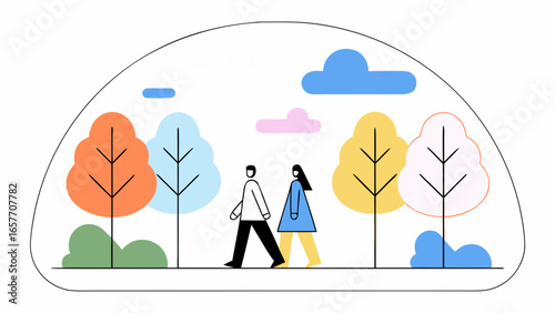 A diverse couple strolls through a colorful, abstract landscape filled with vibrant trees and clouds.