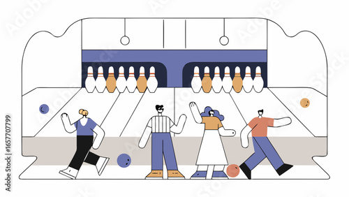 A diverse group of four friends enjoying a fun day at the bowling alley, featuring colorful bowling balls and pins.