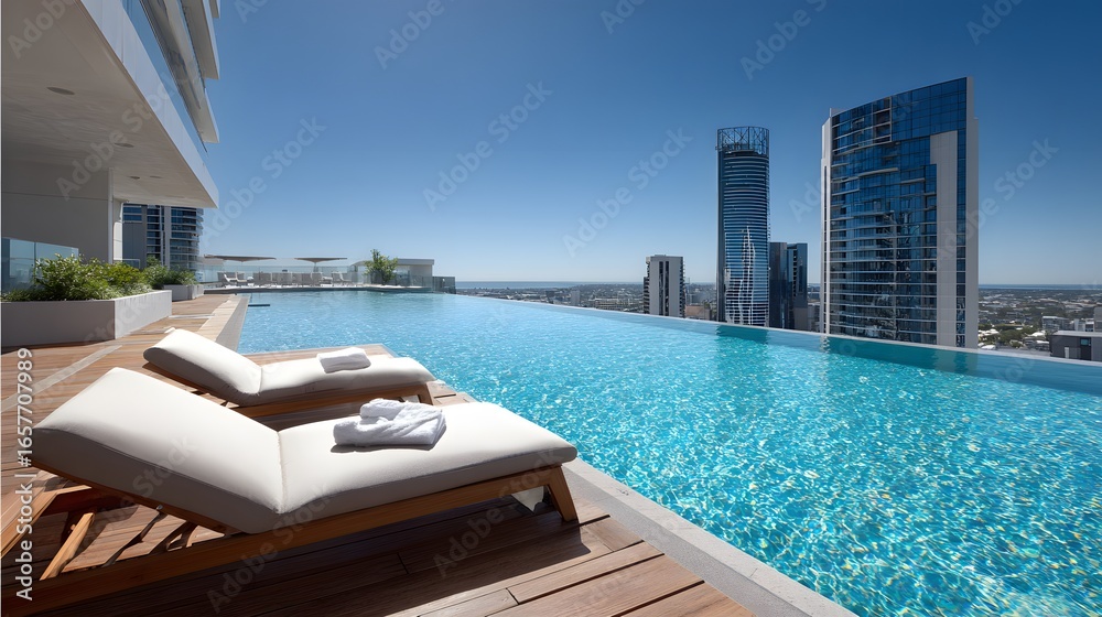 Fototapeta premium Sun Loungers by an Infinity Pool with a City View