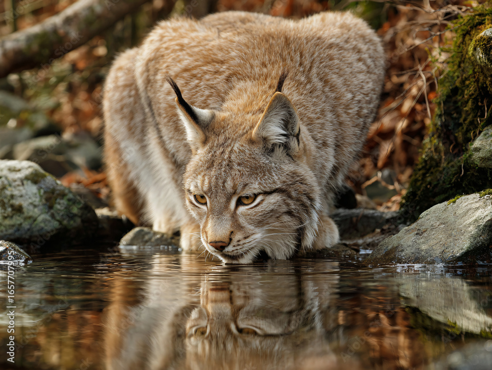 Obraz premium Lynx Predator Wildlife Nature Hunting Reflection Forest Landscape Fur Mammal Predator Eyes Quiet Serene Environment Ecosystem Carnivore Repose Outdoors Beautiful Feline Paws Wetland 