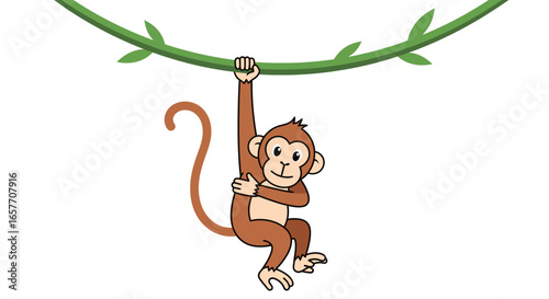 Cartoon-style monkey swinging happily on a vine, set against a clean white backdrop offering playful imagery for children's illustrations