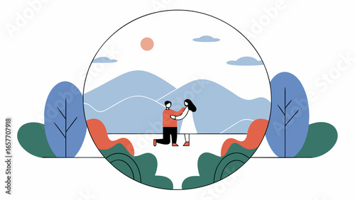 A joyful moment as a man on one knee proposes to a woman in a serene outdoor setting with mountains in the background.