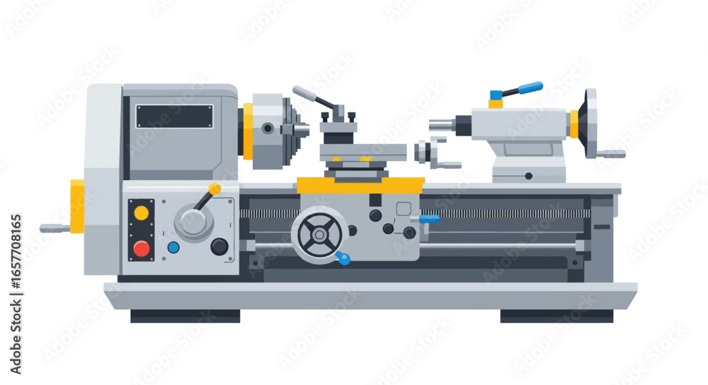 Fototapeta premium Detailed illustration of a metal lathe machine, showcasing its intricate design and mechanical components for industrial manufacturing processes