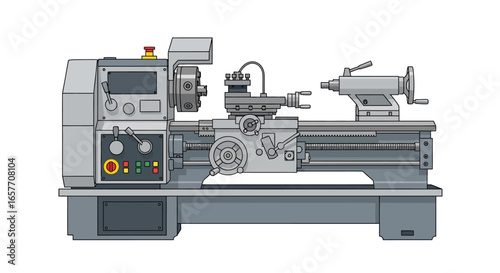 Illustrated metal lathe machine, equipment for workshops and manufacturing industrial creation, professional craftsmanship and precision in metal