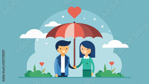 A romantic couple stands under a colorful umbrella, surrounded by hearts and flowers, symbolizing love and togetherness.