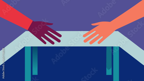 Two diverse hands reaching out over a table, symbolizing connection and collaboration.