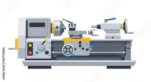 Detailed illustration of a metal lathe machine, showcasing its intricate design and mechanical components for industrial manufacturing processes