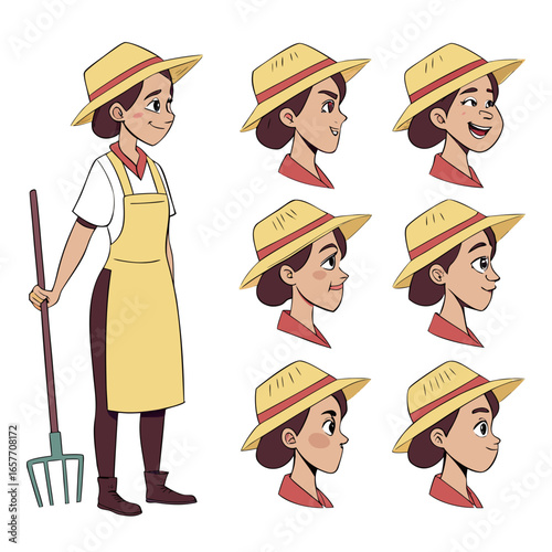 Farmer girl with pitchfork and expression variations